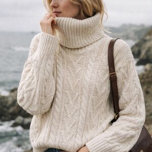 Vintage Liz Claiborne Silk Cotton Cable Knit Fisherman Style Turtleneck Sweater